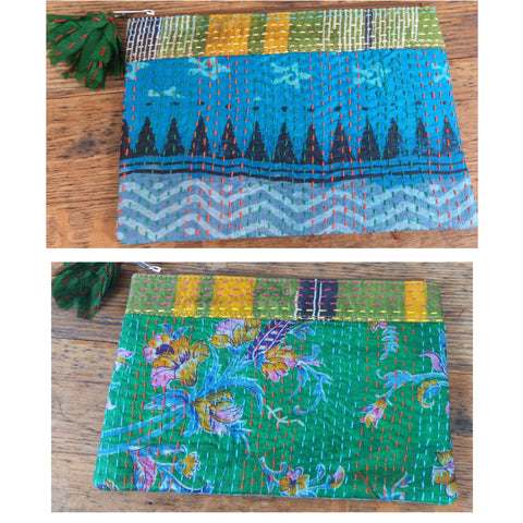 Silk Kantha Zip Pouch In Shades Of Blue And Green