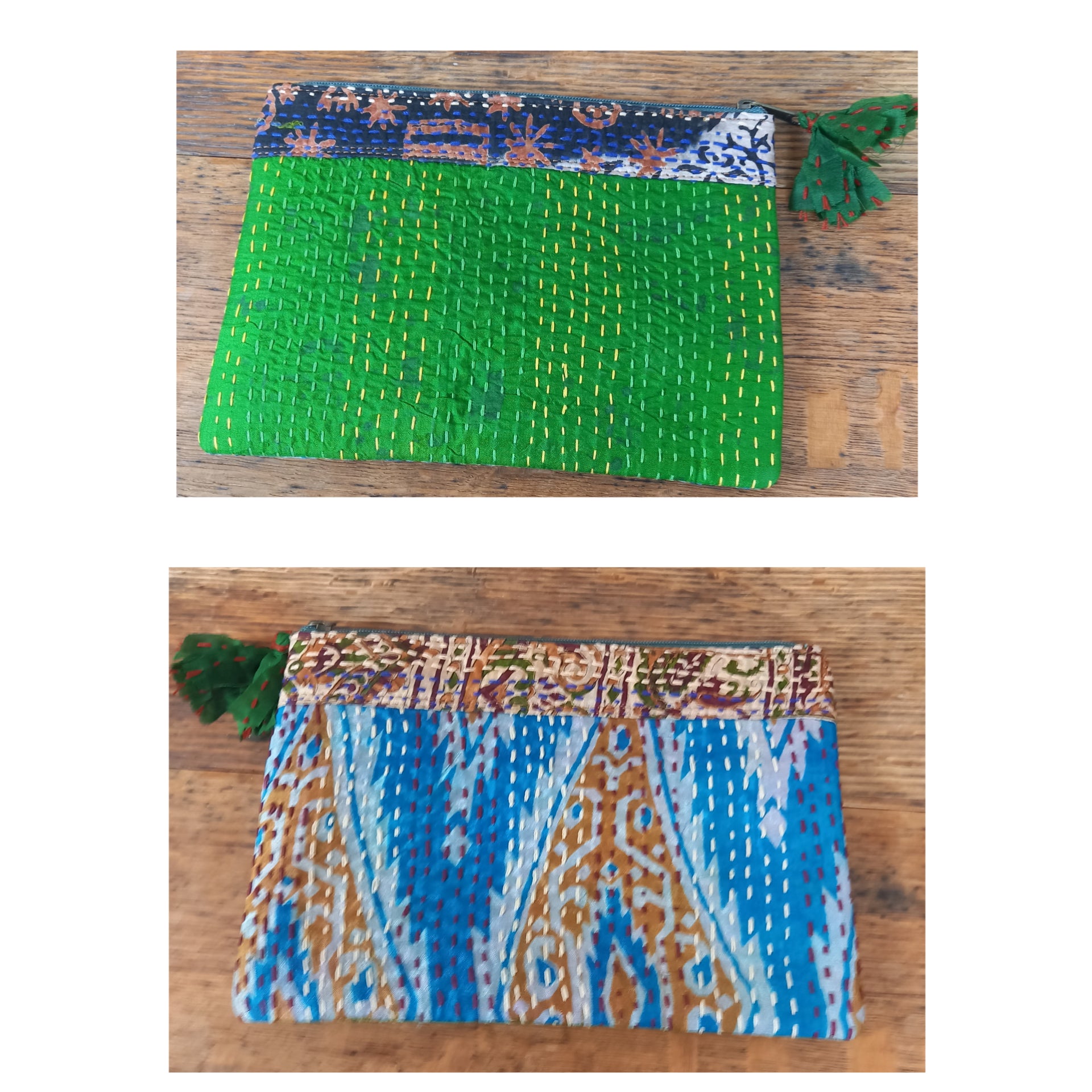 Silk Kantha  Zip Pouch In Blue And Green