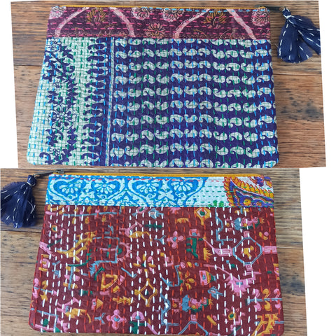 Silk Kantha Zip Pouch In Blue And Rust