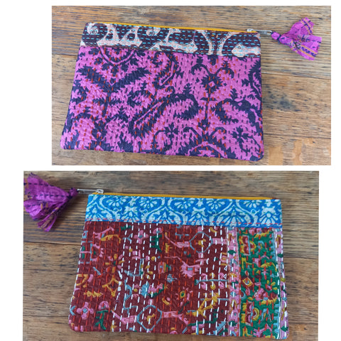 Silk Kantha Zip Pouch In Pink And Rust