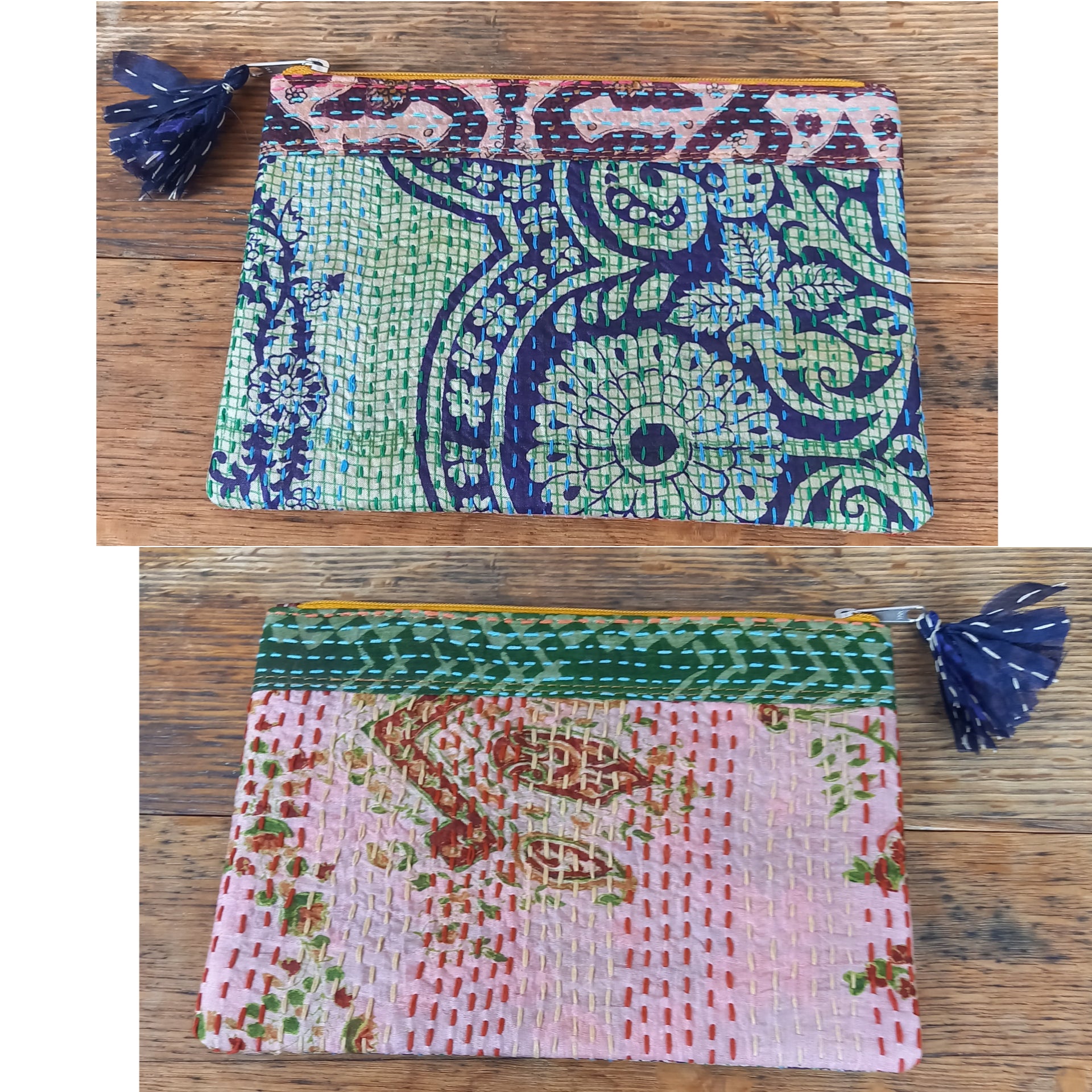 Silk Kantha Zip Pouch In Pink And Blue
